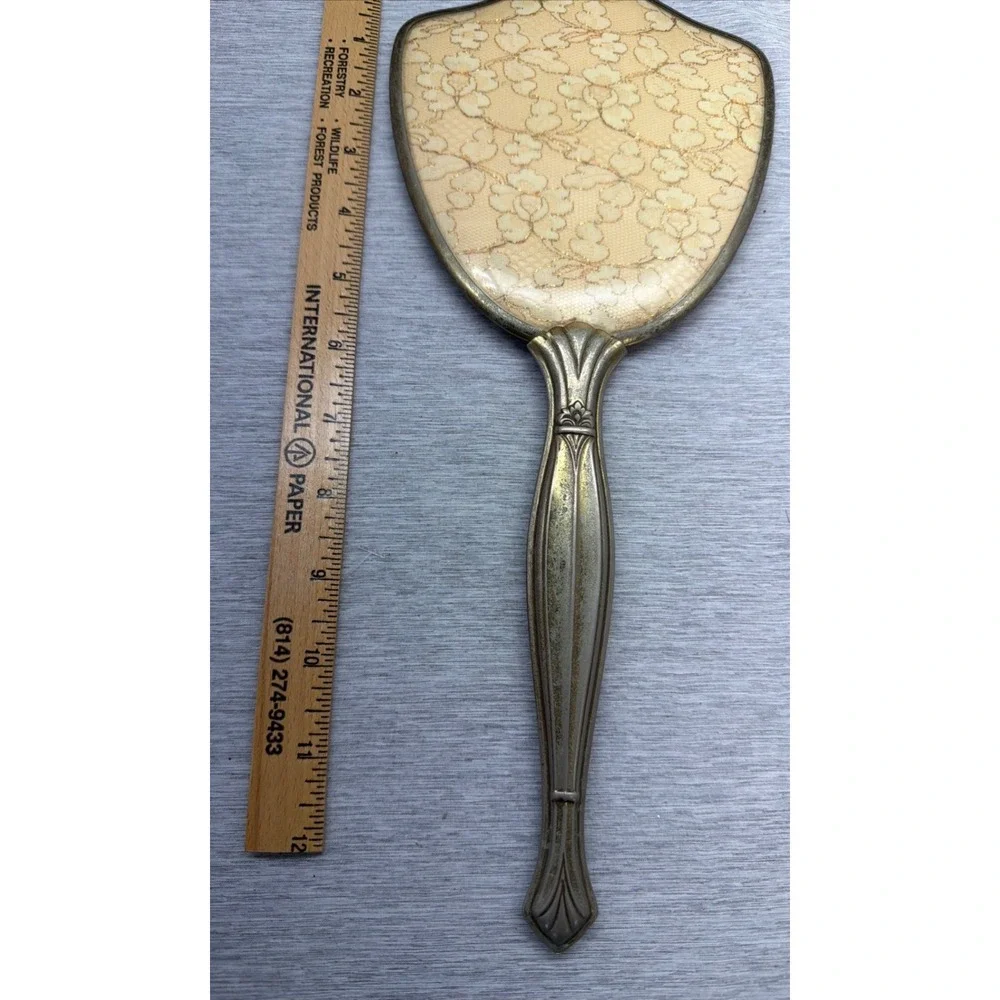 Vintage Gold Tone Hand Mirror Art Deco Floral Lace Inlay Shield Shape 12.5 Inch